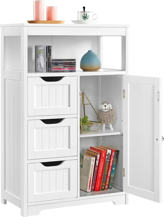 Yaheetech Meuble de salle de bain blanc - 3 tiroirs et meuble avec étagère réglable et rangement ouvert - Pour salon et chambre - Mdf blanc et métal - 55.5 x 29.5 x 86.5 cm