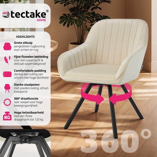 tectake - Chaise de salle à manger pivotante avec accoudoirs - Revêtement en velours - Rembourrée - Crème