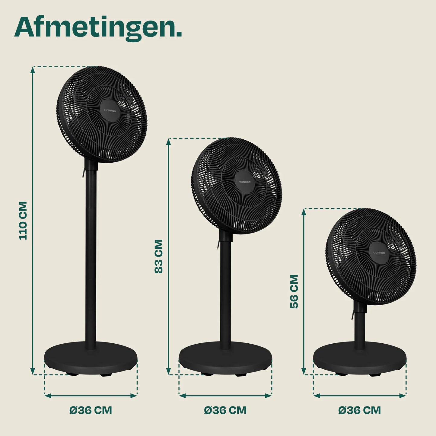 Ventilateur de sol VONROC avec télécommande – Réglable sur 3 hauteurs, avec 7 pales et minuterie – Pour chambre et salon – Plastique noir – 110 cm