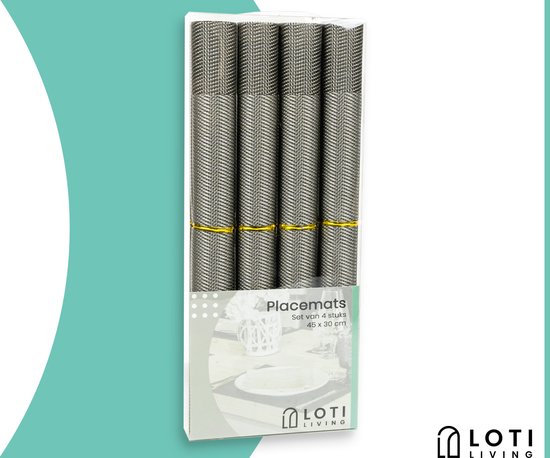 Loti Living Sets de table 4 pièces - Sets de table en plastique - Sets de table en plastique - Sous-verre -30x45cm - Gris métallisé