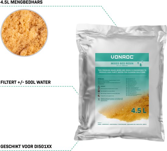 Résine à lit mélangé VONROC Premium - Sachet de recharge - 4,5 L - Pour le filtre à eau pure VONROC DI501XX et compatible avec les systèmes de filtration DI similaires