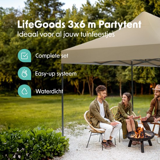 LifeGoods Party Tent - Pliable - 3x6 m - Montage facile - Pavillon - Imperméable - Sac de transport à roulettes - Beige
