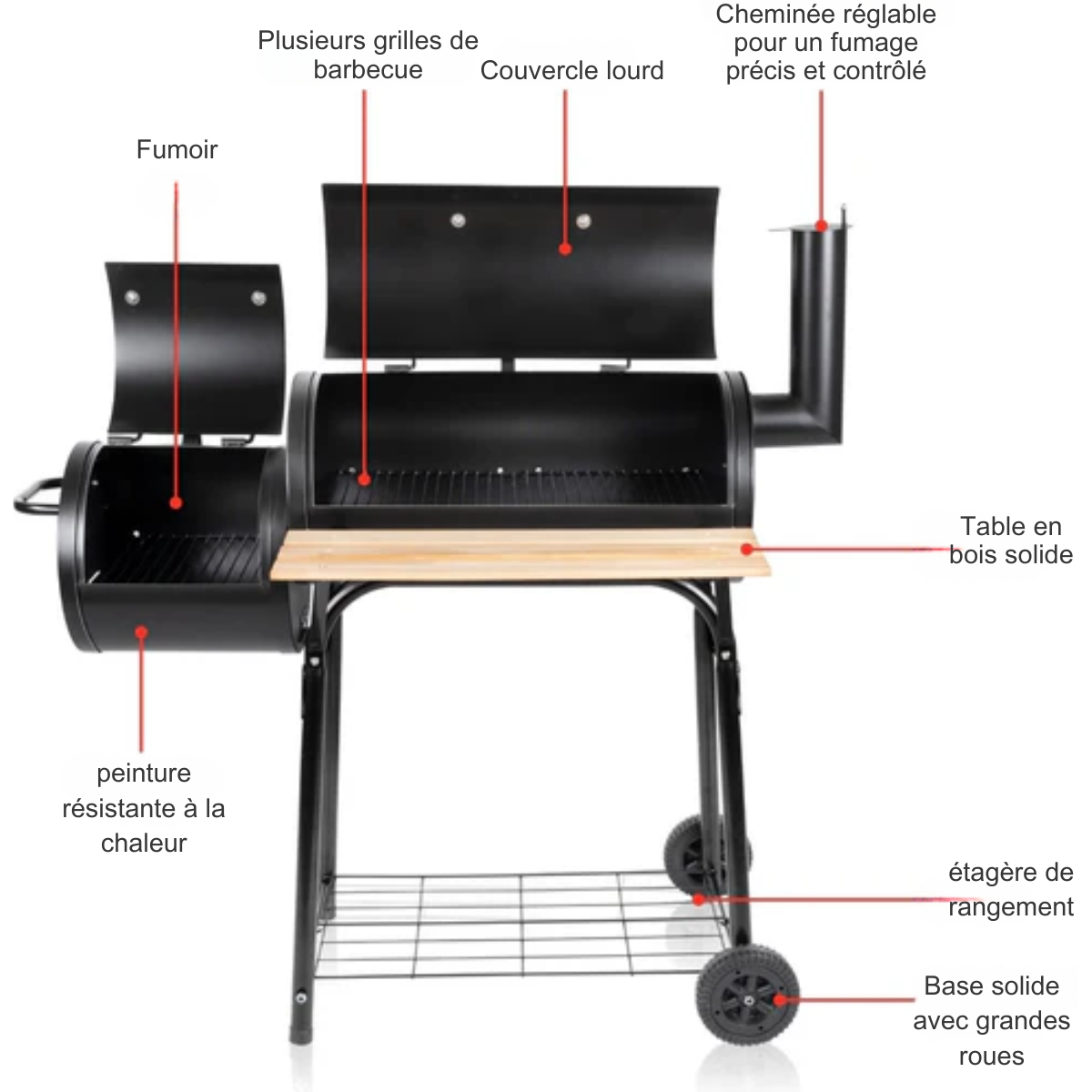 Barbecue au charbon - BBQ Collection – 2 en 1 - Cuisine extérieure - Grill et Barbecue Fumoir - 104 x 58 x 114 cm - Noir