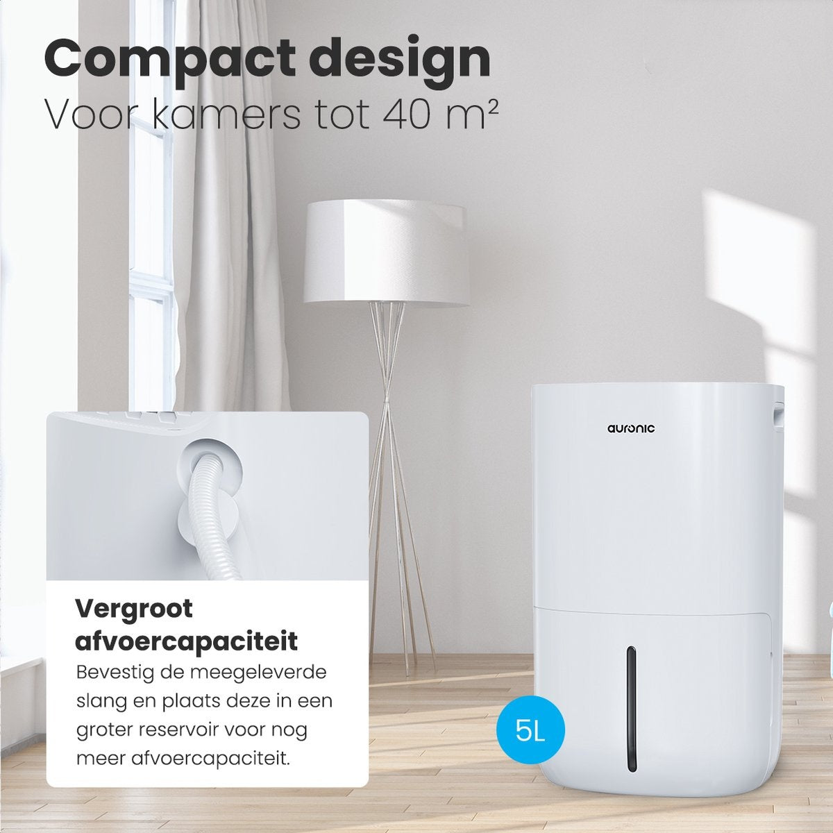 Déshumidificateur 2-en-1 – Auronic – Purificateur d’air – Réservoir 5 L – Jusqu’à 60 m² – Tuyau de vidange inclus