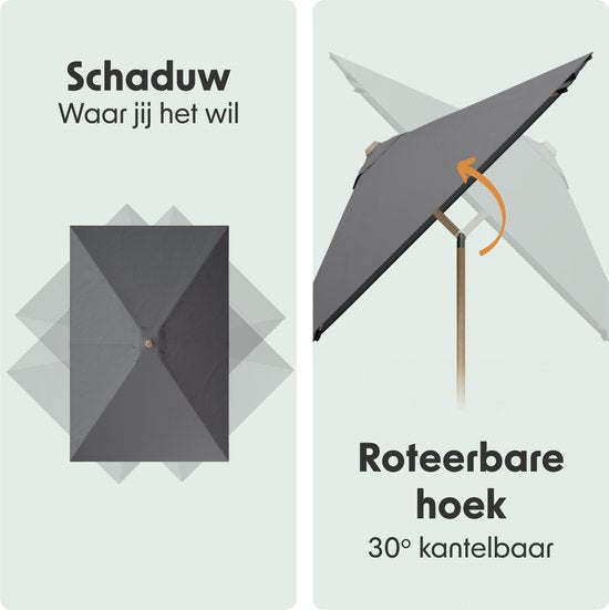 LifeGoods Parasol - Jardin - 270x180cm - 30° inclinable - Imperméable - UPF50+ - Revêtement en bois - Gris foncé