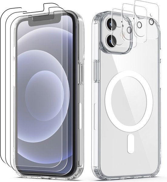 Coque Podec Magsafe compatible avec l'iPhone 12 Mini - Avec 3 protections d'écran + 3 protections d'appareil photo - Magnétique avec anneau, transparente - Coque de téléphone transparente