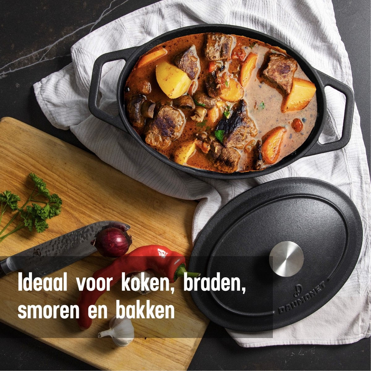 Mijoteuse Cocotte en fonte Daumonet - Marmite Faitout - Avec couvercle - Ø 29 cm - 3 litres - 100% sans PFAS & PFOA - Émail - Adapté à toutes les sources de chaleur - Électrique - Gaz - Halogène - Induction - Céramique - Lave-vaisselle - DAU-CIC-BLACK-2