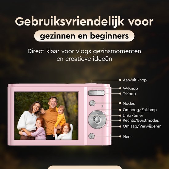 K&L Digital Camera 4K - 64MP - Caméra - Caméra compacte - Caméra Vlog - Pour les enfants - Comprend 64GB - NL Software