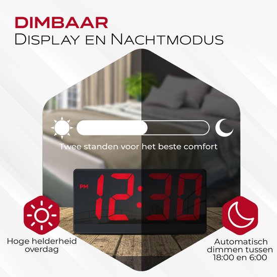Réveil numérique Caliber - Réveils numériques - Durée de la fonction « snooze » réglable - Réveil - Écran à luminosité réglable - Horloge numérique pour chambre à coucher - Chargeur USB