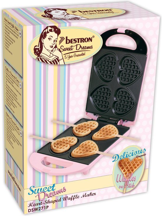 Gaufrier Bestron - DSW271P - 1 400 W - 4 mini-gaufres en forme de cœur - 20 bâtonnets en bois inclus - Rose