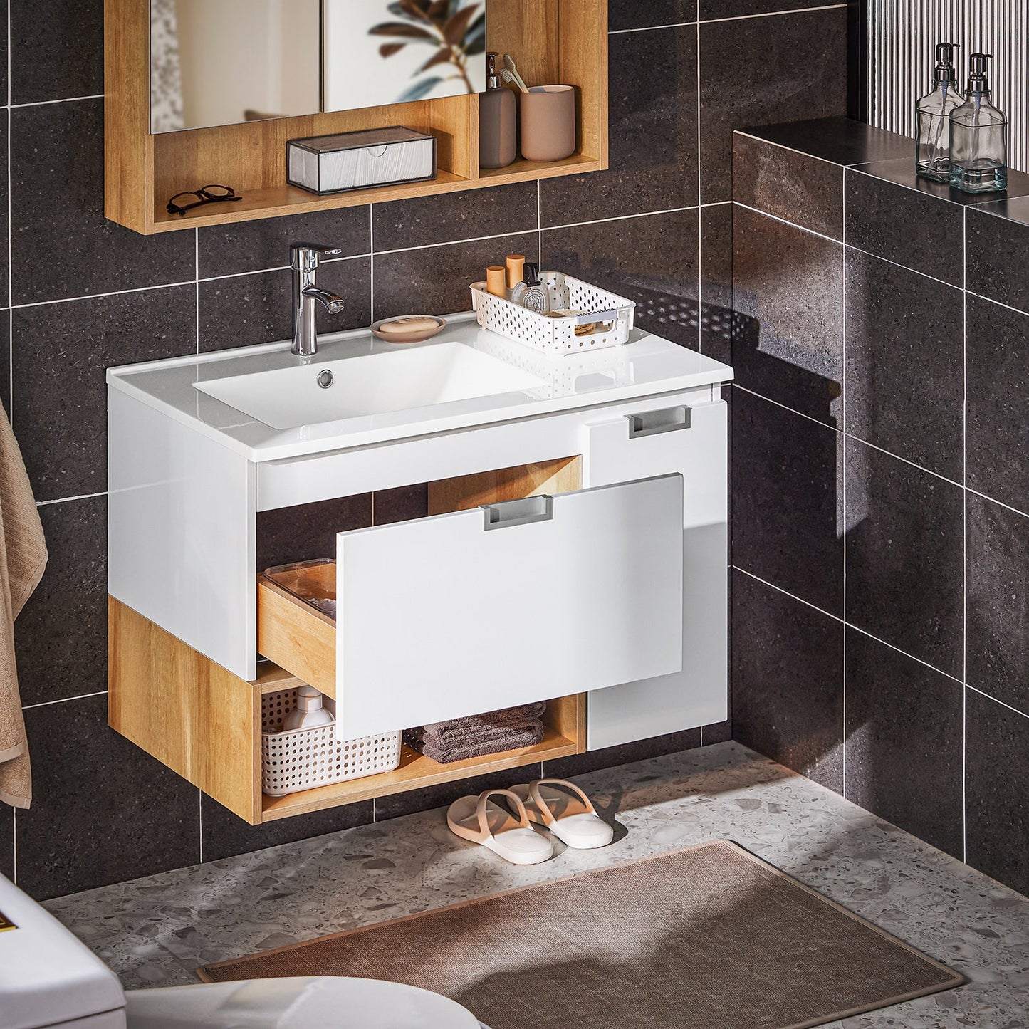 SoBuy BZR178-WN Meuble sous-lavabo - 80x54x46 cm - Blanc/Naturel - Meuble de salle de bains étroit