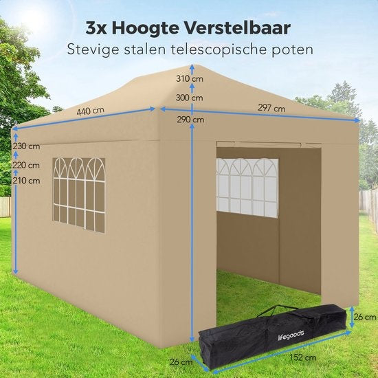 LifeGoods Partytent - Paviljoen - 3x4.5 m - Zijwanden - Easy Up - Opvouwbaar - Waterdicht - Draagtas met Wieltjes - Beige