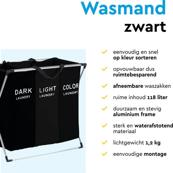 BRASQ Panier à linge pliable 3 compartiments - Trieur de linge 65x39x60 cm - Boîte à linge noire - 118 litres - Panier