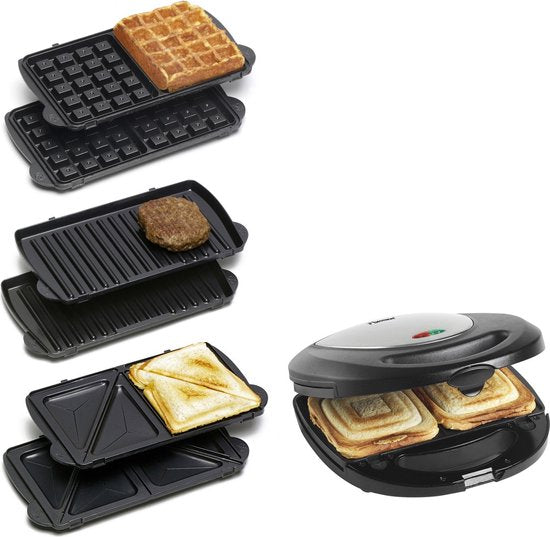 Appareil à croque-monsieur Bestron - ASM8010 - 760 W - 3-en-1 : croque-monsieur, gaufres et grillades - Revêtement antiadhésif - Gris - Garantie 5 ans