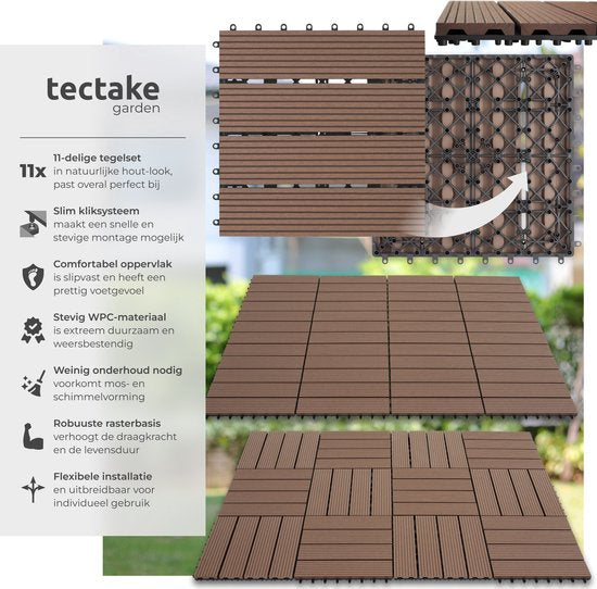tectake® WPC wood tiles - Dalles aspect bois - Résistant aux intempéries - Sol extérieur - Dalles de sol - Sol de balcon - Dalles de terrasse avec système click - Drain - Lot de 11 - Marron