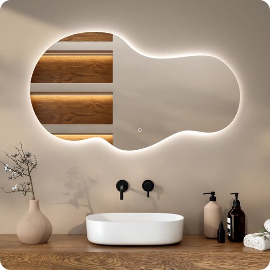 Miroir de salle de bains Mirlux avec éclairage LED et chauffage – Miroir mural asymétrique – Miroir de douche anti-buée – Sans cadre – 120 x 70 cm