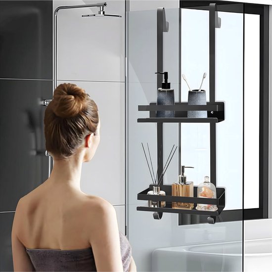 Support de douche - Télescopique, suspendu et suspendu sans perçage - 2 couches avec crochets - Noir - Luft