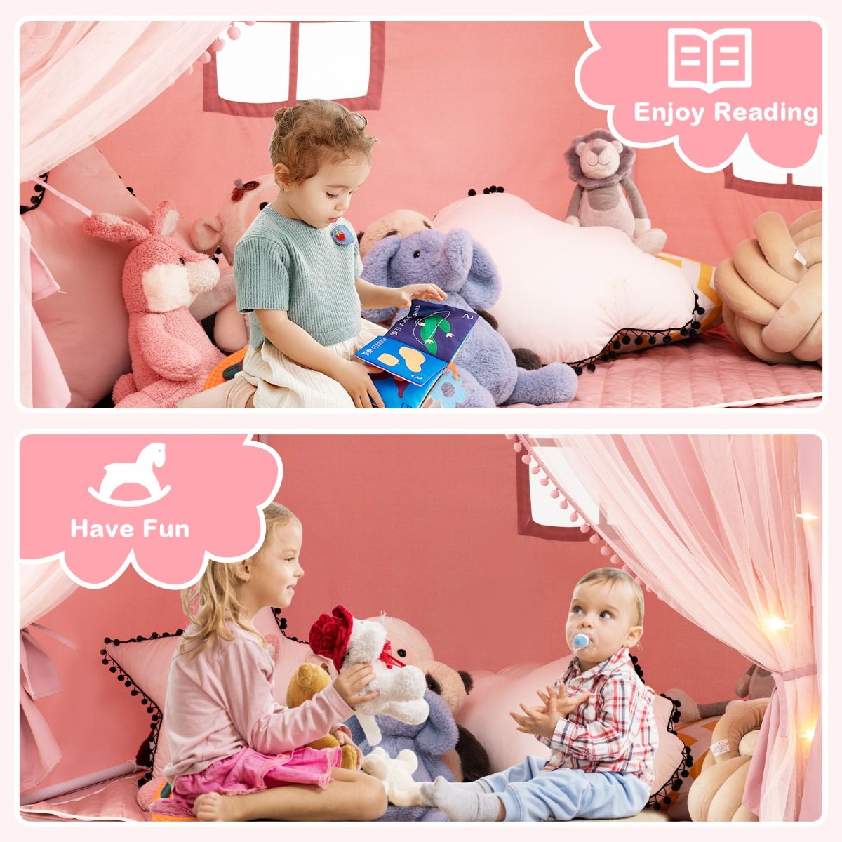 Tente de jeu pour enfants Coast - avec rideaux et guirlande lumineuse en forme d'étoiles - grande tente de jeu - rose