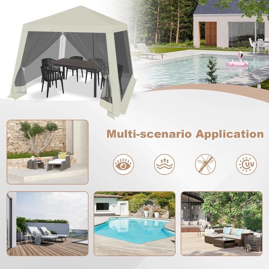 Tente de fête - Pavillon de jardin - Pavillon - Tente de jardin avec moustiquaire - Moustiquaire - 3 x 3 m - Jardin - Terrasse - Tente de fête - Avec parois latérales - Blanc