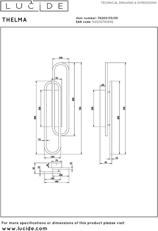 Lucide THELMA - Applique murale - LED à intensité variable - 1x35 W 2700 K - Noir