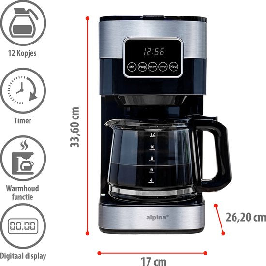 alpina Cafetière à filtre - 900W - 1.5 L - Gris/Noir