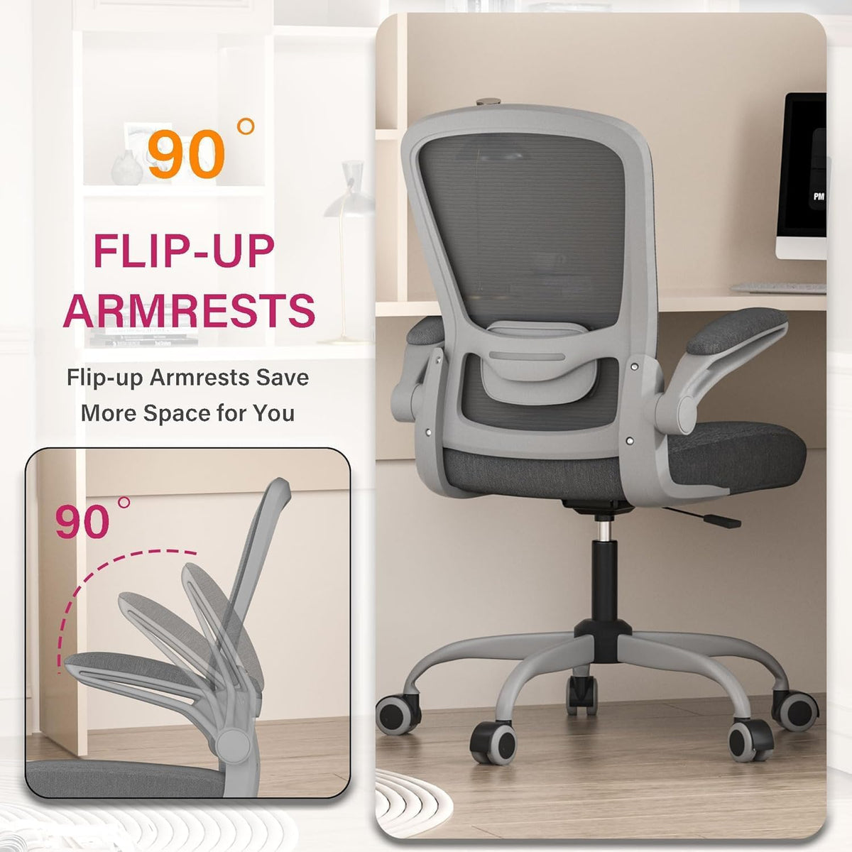 Chaise de bureau ergonomique - Soutien lombaire réglable - Accoudoirs rabattables - Fonction d'inclinaison à 135°