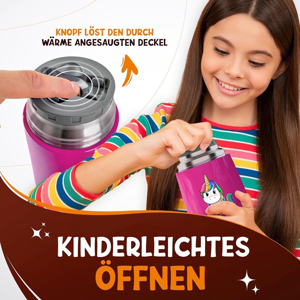 FUNKELFUCHS® Tasse thermo pour aliments pour enfants - 500ml, licorne rose - 100% étanche - Réchauffeur d'aliments en acier inoxydable - Tasse thermo pour aliments - Boîte à lunch thermo pour enfants - Réchauffeur d'aliments pour bébés