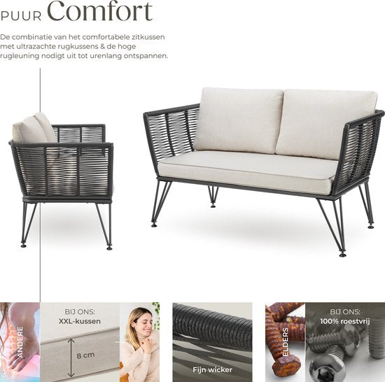 tectake® Banc de salon en osier - Banc de jardin compact avec coussins épais - Idéal pour balcon, jardin ou terrasse - Banc de salon extérieur élégant et confortable - Design en corde