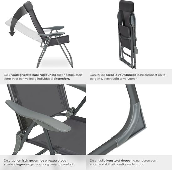 tectake®- Lot de 4 chaises de jardin avec dossier haut - Aluminium - Chaise pliante réglable en 5 sens avec accoudoirs - Fauteuil avec fonction inclinable - Mobilier de jardin pour la terrasse et le camping - Anthracite