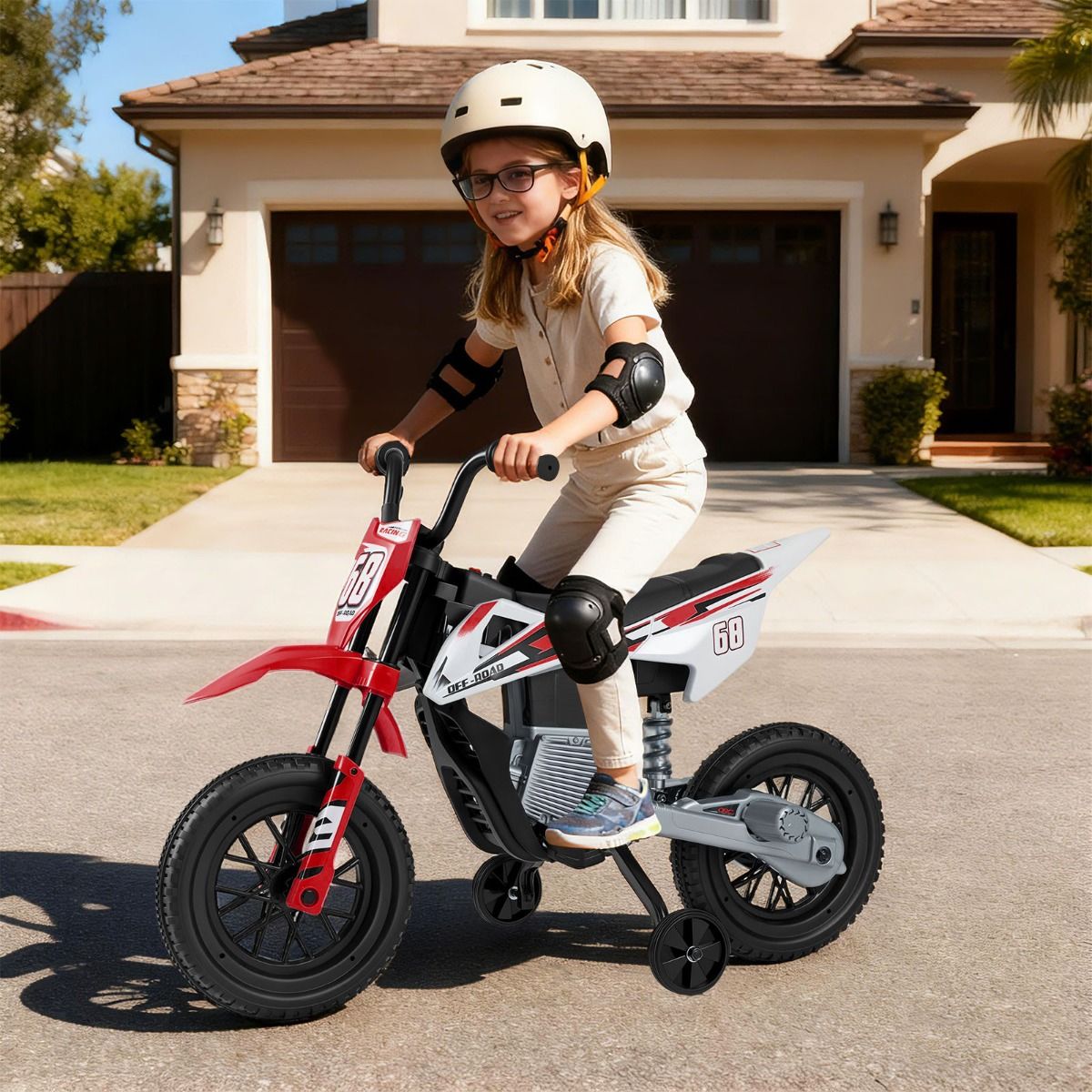 Moto électrique pour enfants Coast - musique et Bluetooth - roues d'appui - rouge