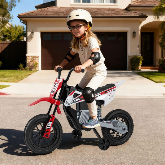 Moto électrique pour enfants Coast - musique et Bluetooth - roues d'appui - rouge