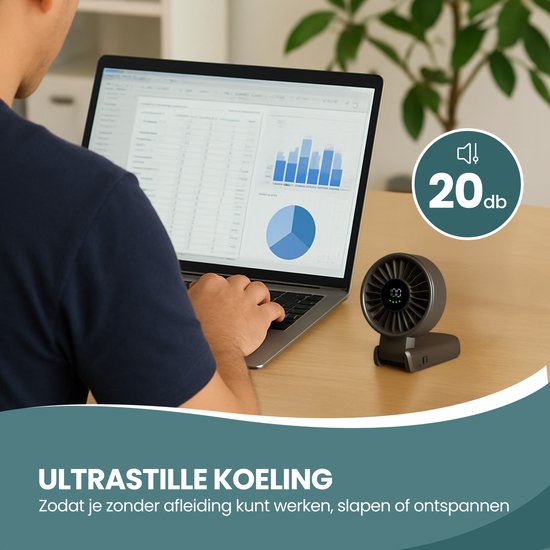 TTD® Hand Fan Rechargeable - Mini ventilateur - 5 étapes avec affichage numérique - 150 degrés de rotation - Tenez, posez ou accrochez à votre cou - USB-C Rechargeable - Batterie 5000 mAh