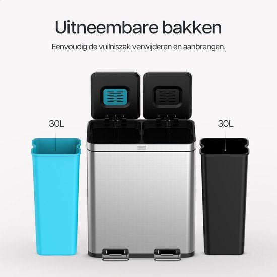 Deleca Recycle Waste Bin with 2 Compartments - 60 Liter (2x30) Waste Bin - Waste Separation / Deposit Container / Pedal Bin - Garbage Bin with FreshAura Odour Control - Slow Close - Stainless Steel Silver