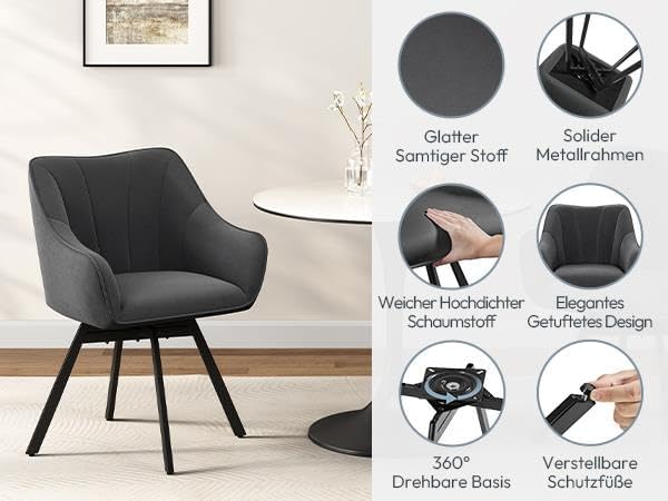 Chaise de salle à manger Yaheetech pivotante à 360° avec accoudoirs - Velours - 55 x 58,5 x 82 cm - Gris foncé
