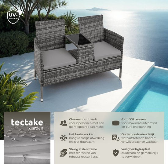 tectake® - banc de jardin en osier avec table, banc 2 places, 131 x 61 x 82 cm, banc pour balcon et terrasse, banc de jardin avec coussin d'assise - gris/gris clair - poly-rattan
