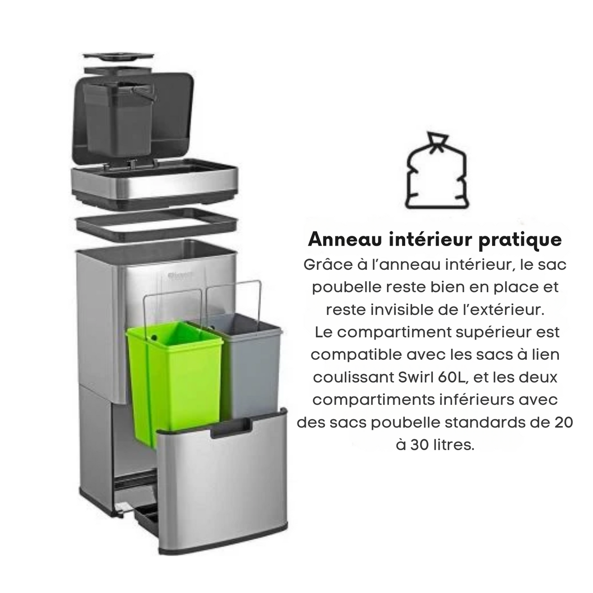 Poubelle de tri - Homra - 3 Compartiments (2x12L + 48L) - Poubelle à Capteur - Acier Inoxydable - Couvercle  Automatique - Argenté