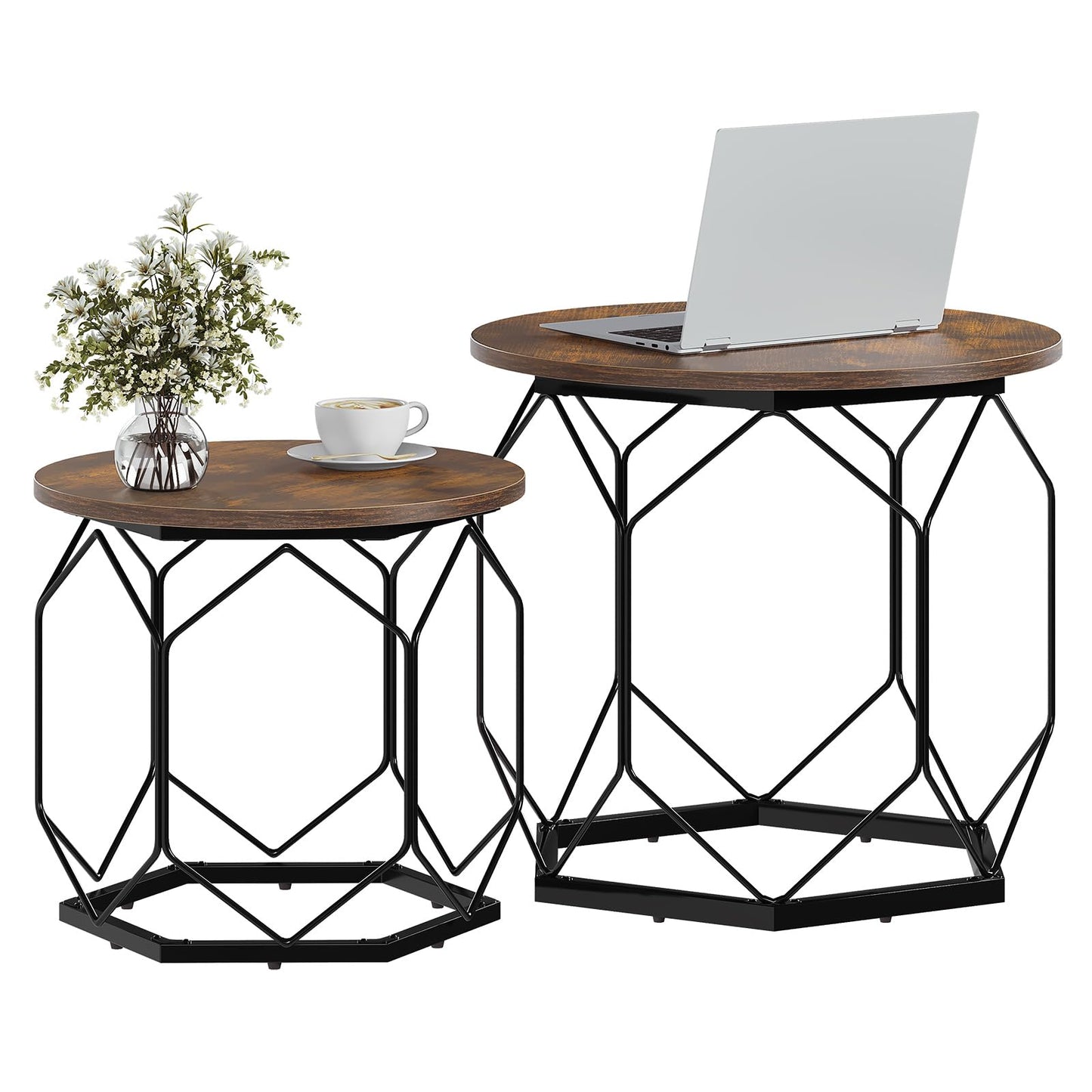 Ensemble de tables basses Woltu - 2 pièces - Rondes - Fibre de bois marron/noir