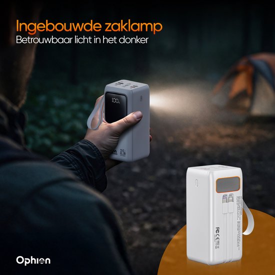 Ophion® Powerbank PRO 50 000 mAh – 7 ports de recharge – Recharge rapide – Chargeur rapide 22,5 W pour USB-C, USB-A, Micro-USB – Câble inclus – Kit d'urgence – Blanc