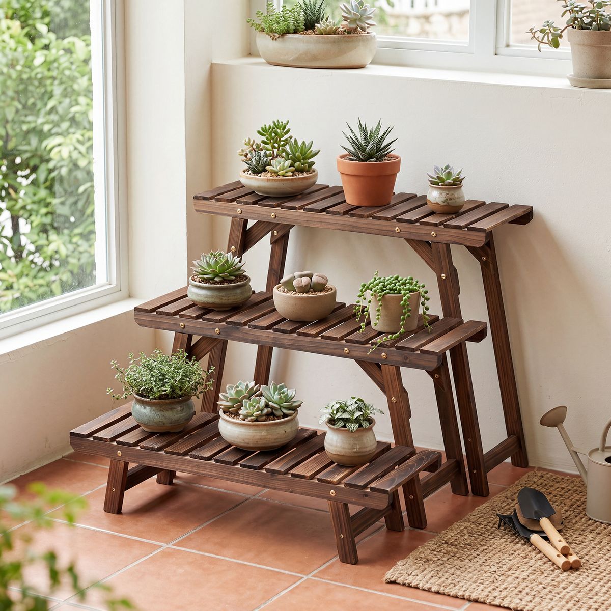 Ensemble de 3 supports pour plantes Coast - 3 niveaux - bois de pin carbonisé - marron