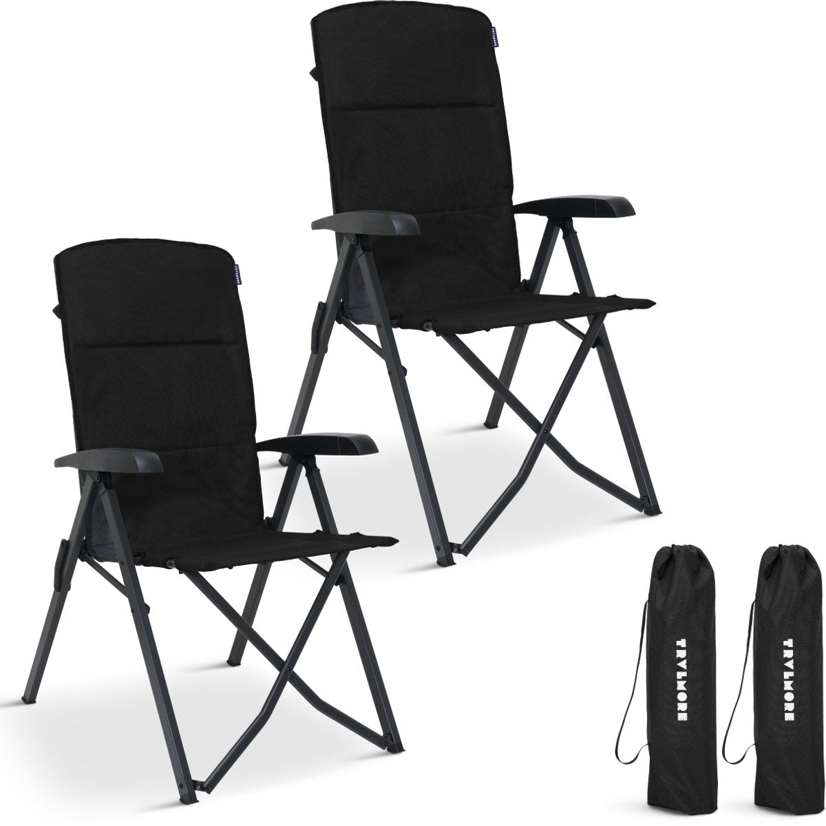 TRVLMORE Chaises de camping de luxe Lot de 2 - Pliables - Capacité de charge de 150KG - Dossier réglable - Sac de transport inclus - Noir