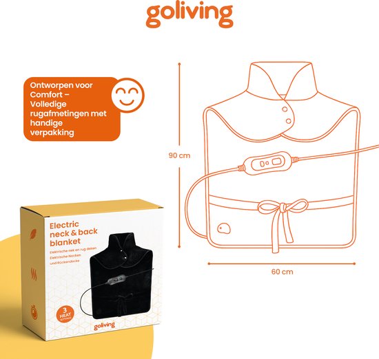 Couverture électrique Goliving pour le dos et la nuque - Couverture chauffante électrique - 3 niveaux de chaleur - Fonction minuterie - Lavable en machine - 100 W - 60 x 90 cm - Micro Plush - Noir