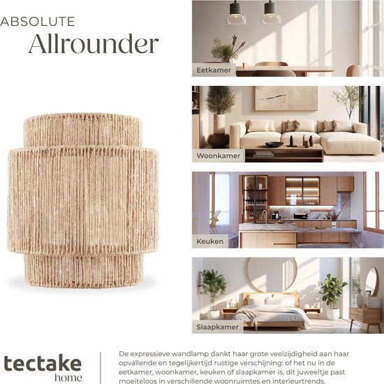 tectake® Lampe murale Lignea Lux - 40W - 12 x 23 x 25,5 cm - E14 - Lampe murale pour le salon, la chambre à coucher, la salle à manger - Lampe en toile de jute de style boho - Eclairage d'escalier - Semi-circulaire