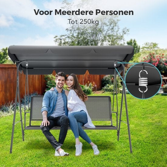 Balançoire LifeGoods - 3 places - jusqu'à 250KG - Toit inclinable - Parasol résistant aux UV - 172x104x162cm - Gris