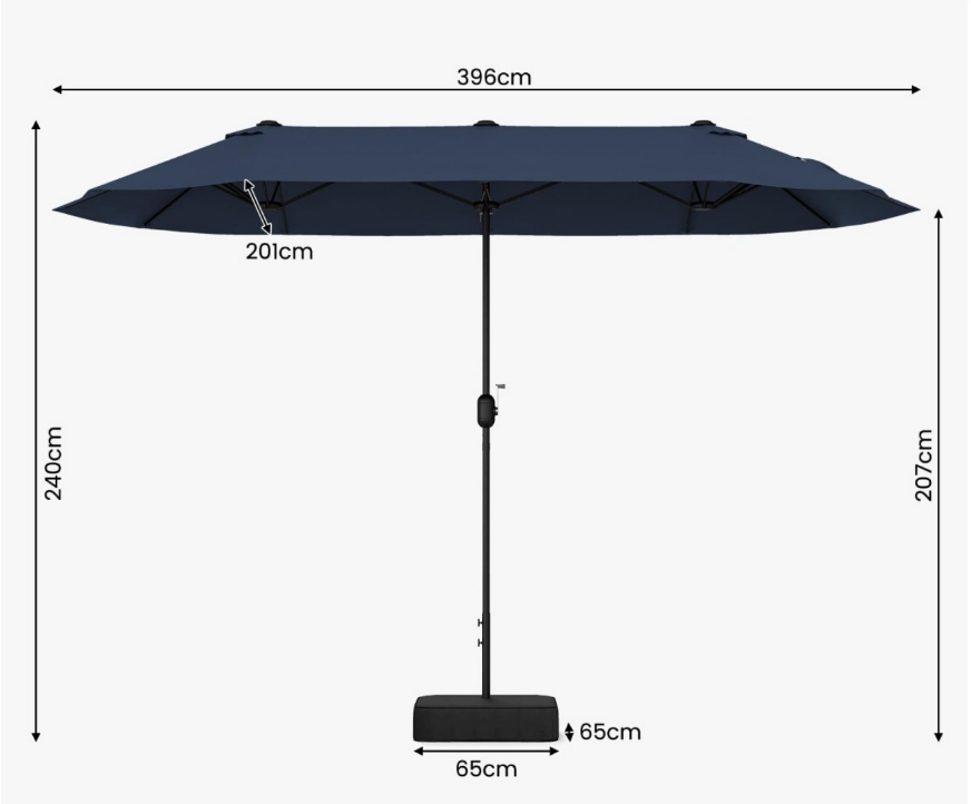 Parasol triple Coast 400 x 200 cm - Avec pied - Manivelle - 12 baleines