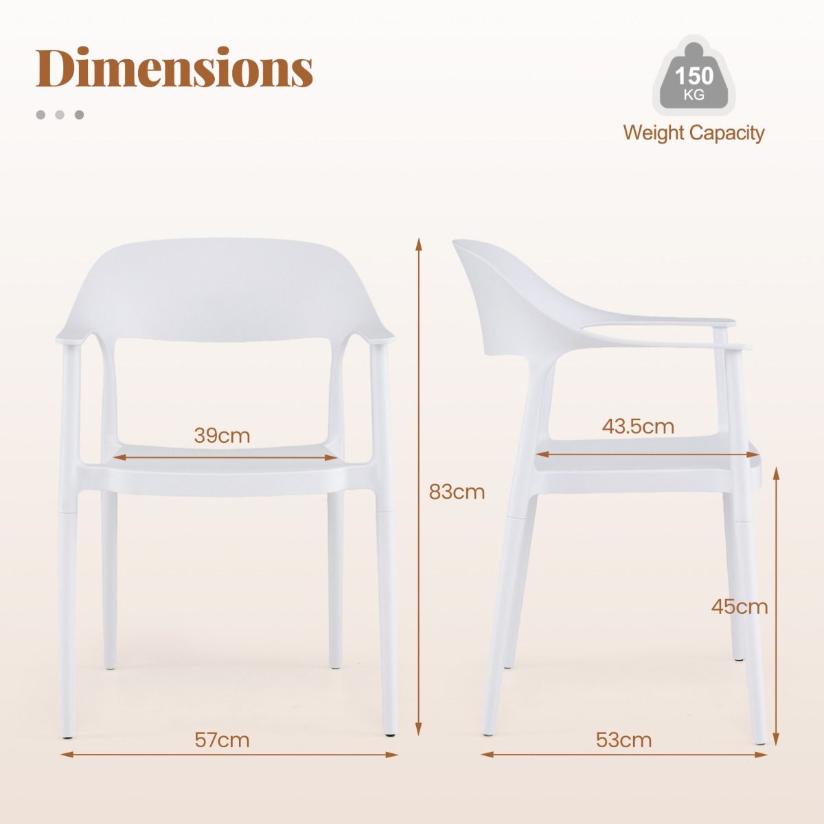 Ensemble Coast de 4 chaises de jardin empilables avec accoudoirs et dossier - Blanc - 57 x 53 x 83 cm