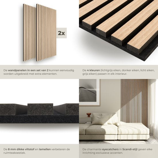 Panneaux acoustiques tectake® - Lot de 2 - Panneau mural acoustique - 60 x 120 cm - 1,44 m² - Panneaux muraux aux dimensions ajustables - Structure à lattes en MDF et placage de bois - Isolation acoustique - Décoration murale élégante - Montage facile - C