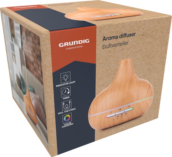 Grundig Aroma Diffuseur Humidificateur 300ml- Diffuseur de parfum électrique avec éclairage LED et minuterie - Aromathérapie avec huiles essentielles - Diffuseur de parfum sans fil - Bambou