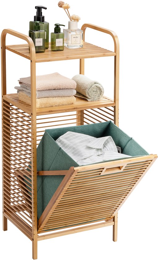 Meuble de salle de bains Coast 40,5 x 33 x 95,5 cm - Panier à linge à bascule - 2 étagères de rangement - Bambou/Toile