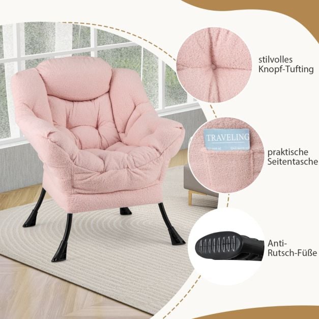 Fauteuil de détente Coast rose avec accoudoirs, coussin d'appui-tête et poche latérale – Fauteuil de détente avec repose-pieds en option – Sherpa – Rose