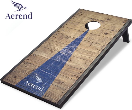 Jeu de cornhole Aerend – Plateau de jeu 91 x 61 cm, avec 8 sacs de fèves résistants aux intempéries et un sac de transport – MDF résistant aux intempéries – Design rustique en bois de grange – Pour le jardin, la plage et les fêtes de famille